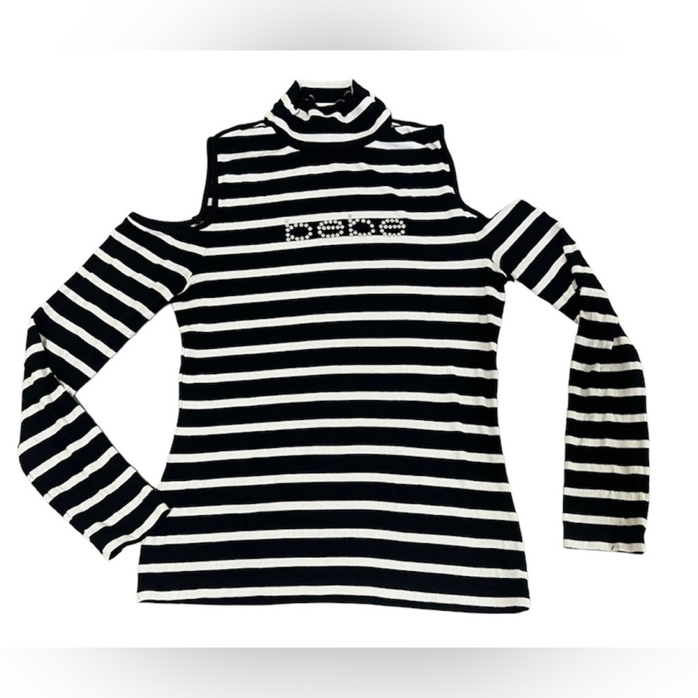 BeBe Logo Black and White striped Cold Shoulder Mock Neck Top long sleeves SZ M